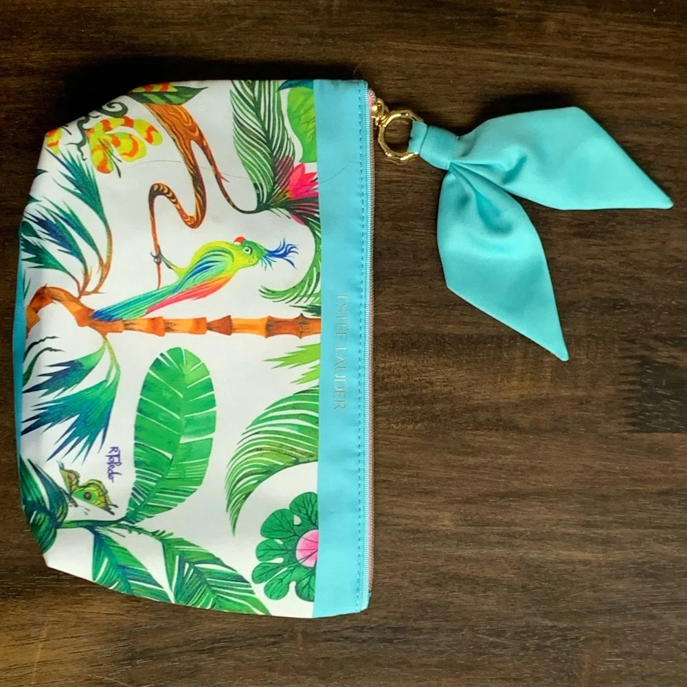 ESTEE LAUDER Women’s Turquoise Blue Tropical Print Zipper Top Cosmetic Bag